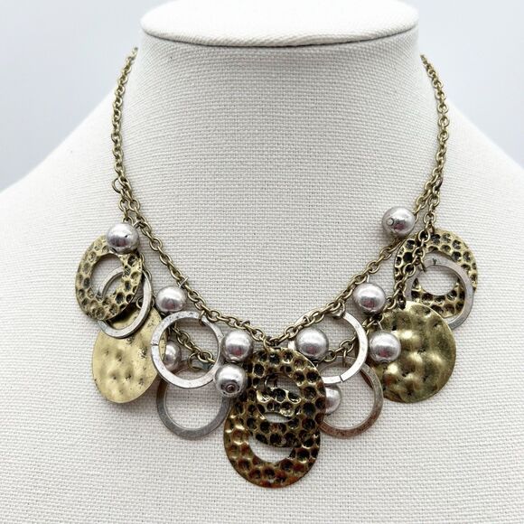 Layered Hammered Gold Tone Silver Tone Metal Medallion Beaded Statement Necklace - Picture 1 of 9